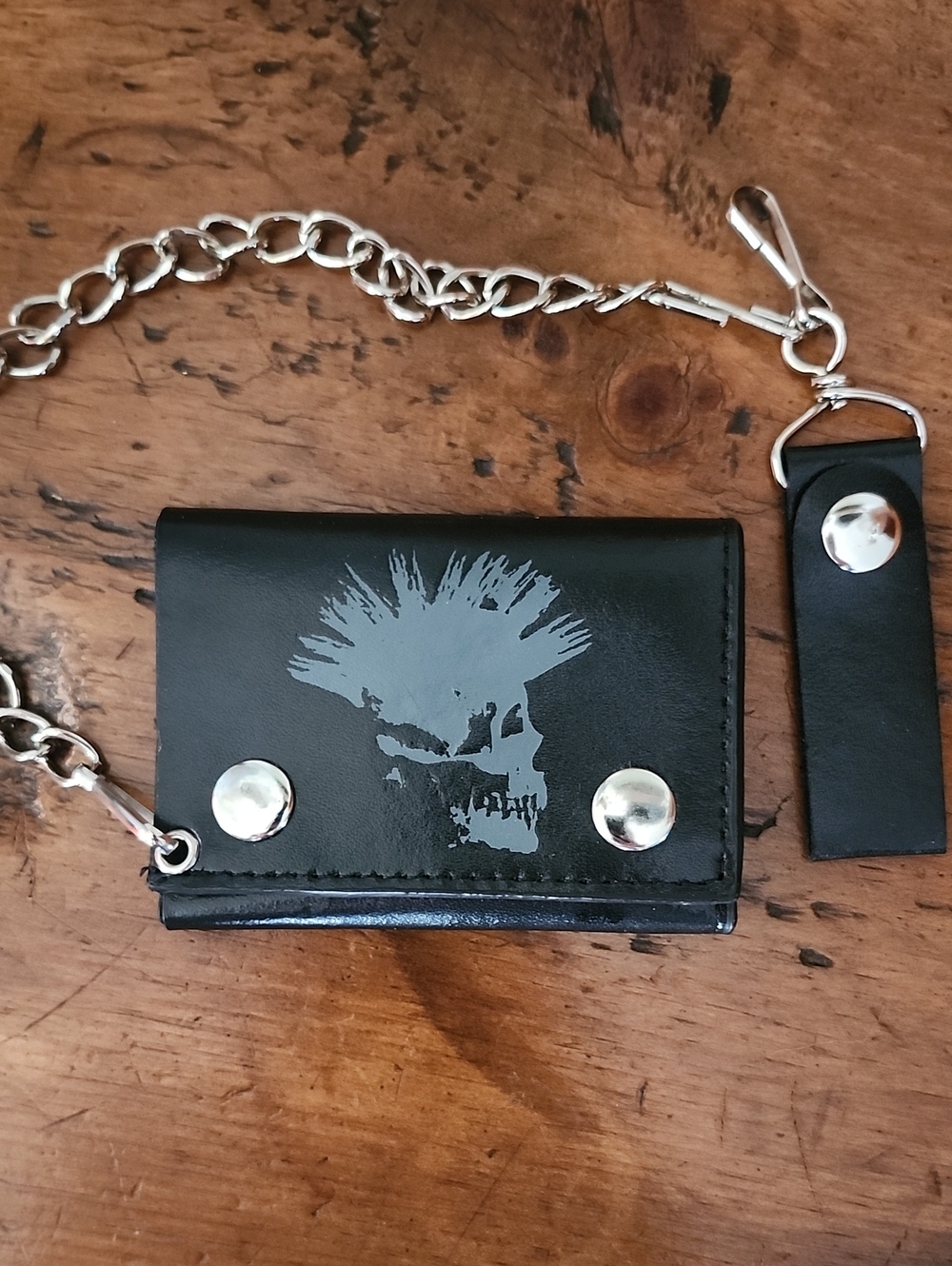 Tri-Fold Leather Black Punk Skull Chain Wallet with Key Strap